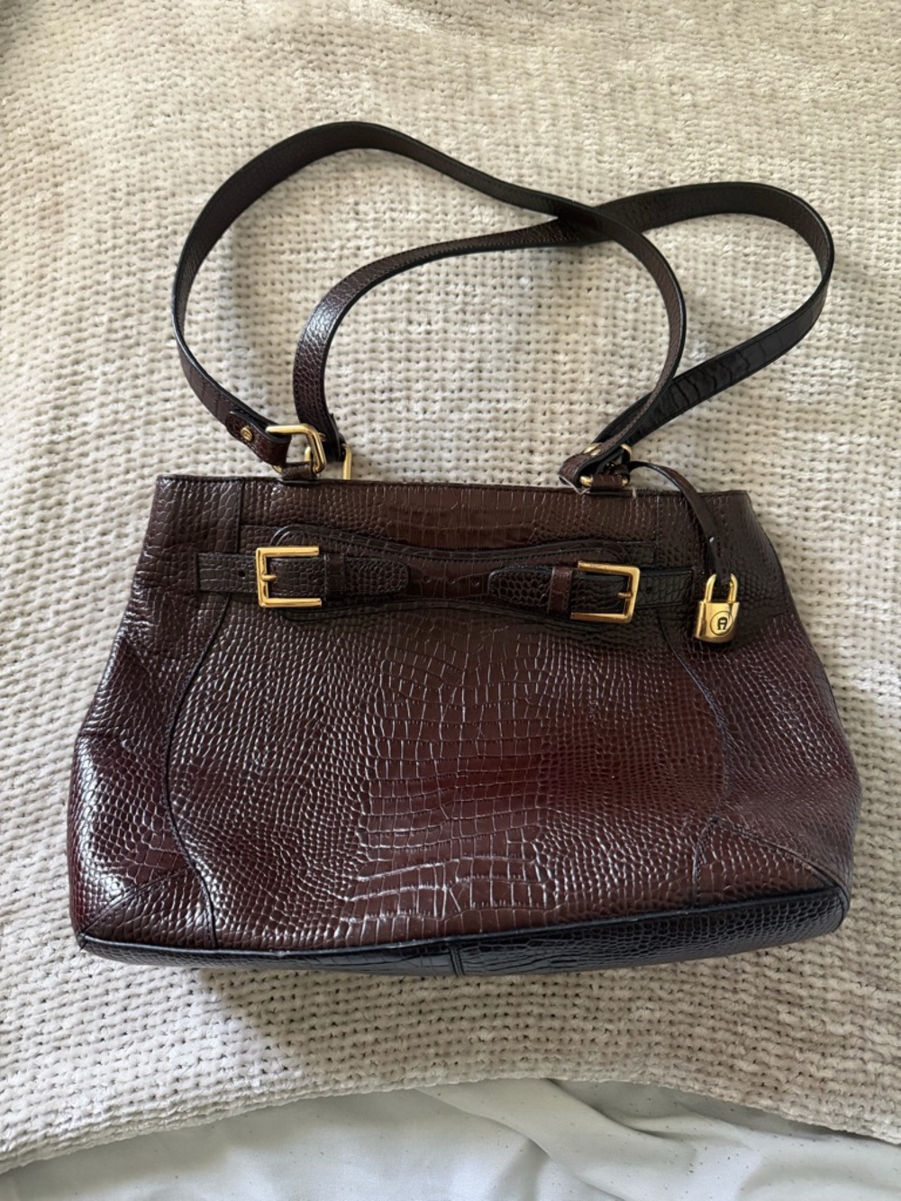 Brown Croc-Embossed Leather Shoulder Bag